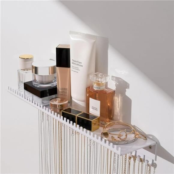 Wall mounted jewelry organizer necklace holder with hooks and tray for earrings - Picture 6 of 7